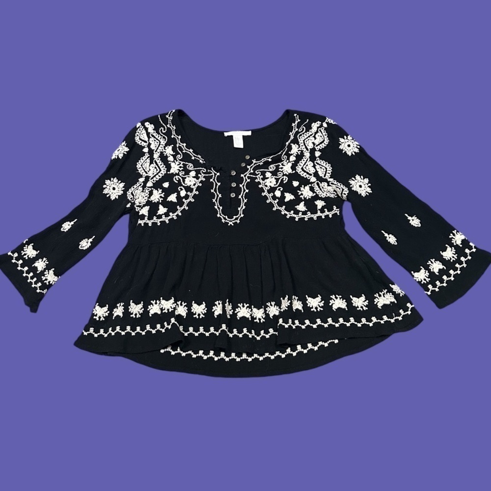 Forever21 Small Babydoll Blouse Women Black White Stitching Knit Crochet Top